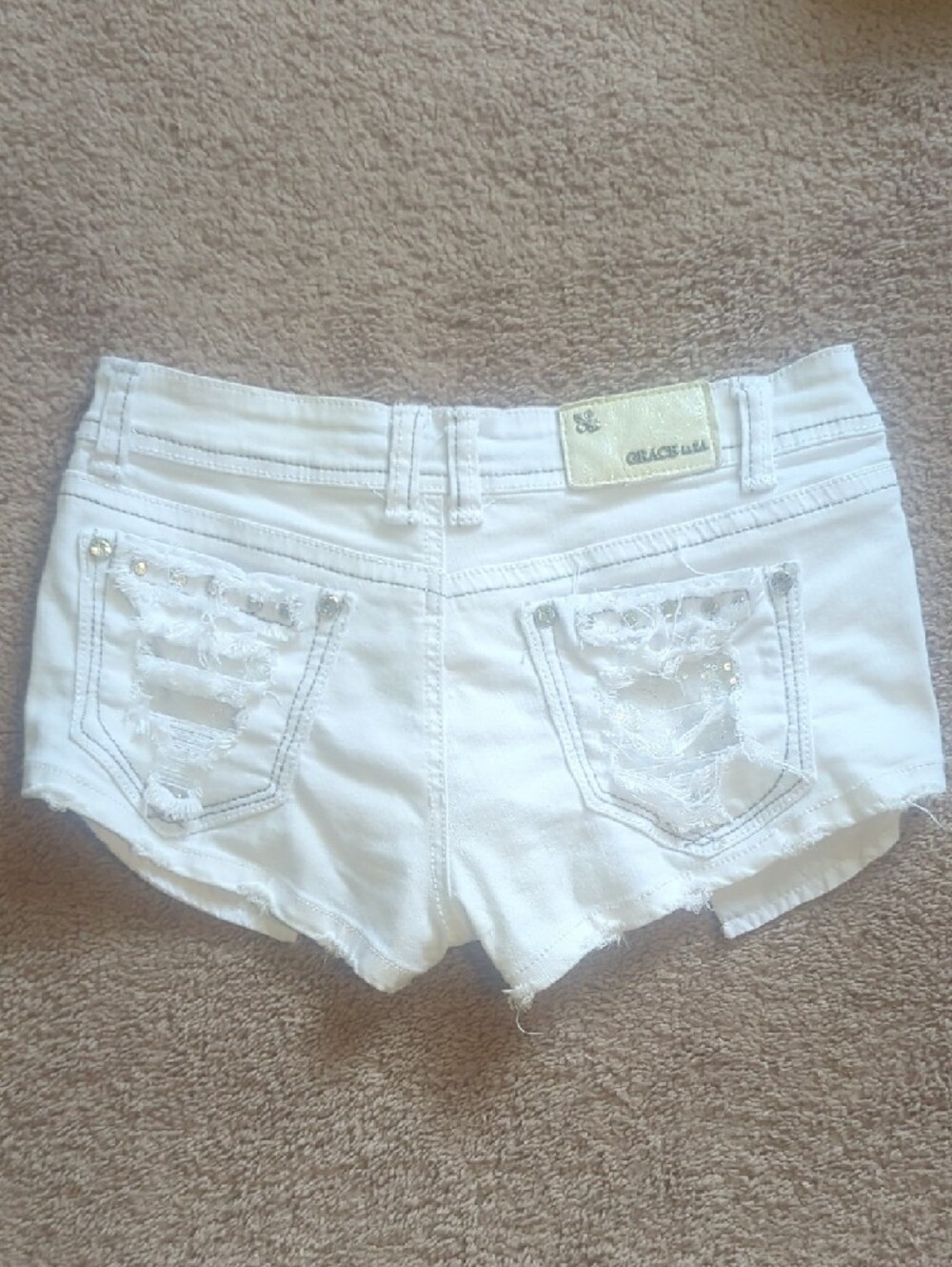 Grace in LA White Distressed Sequin Denim Shorts Y2K - Picture 2 of 5